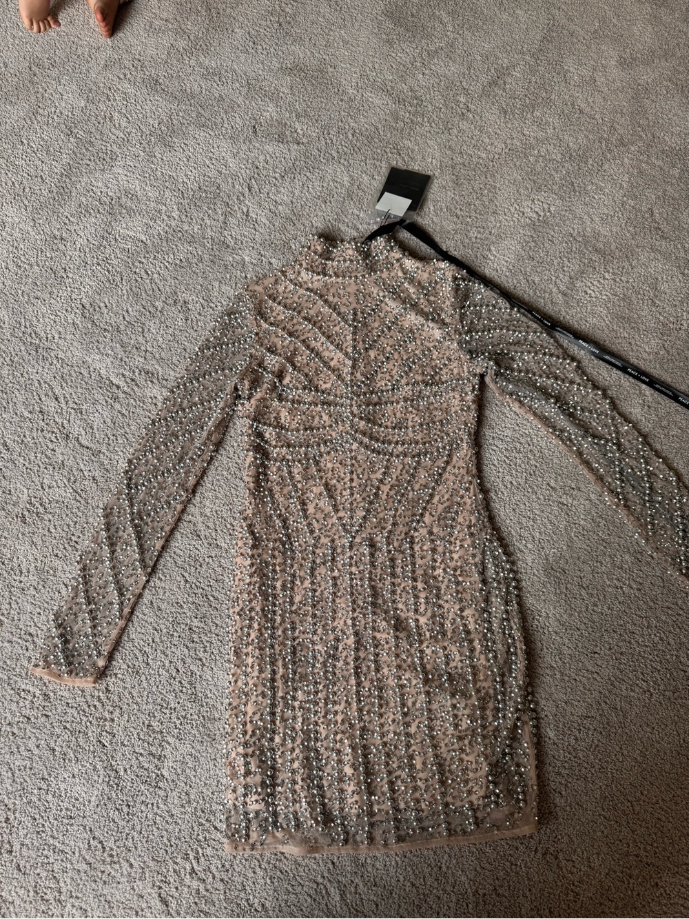 Sequined Nude Long-Sleeve Mini Dress